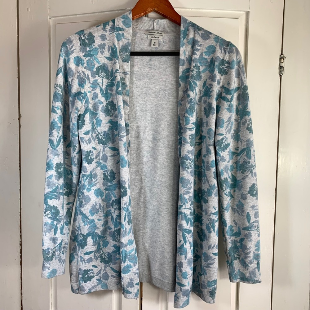 LL Bean Supima Cotton Floral Cardigan Sweater Women's‎ Size M Light Blue Gray